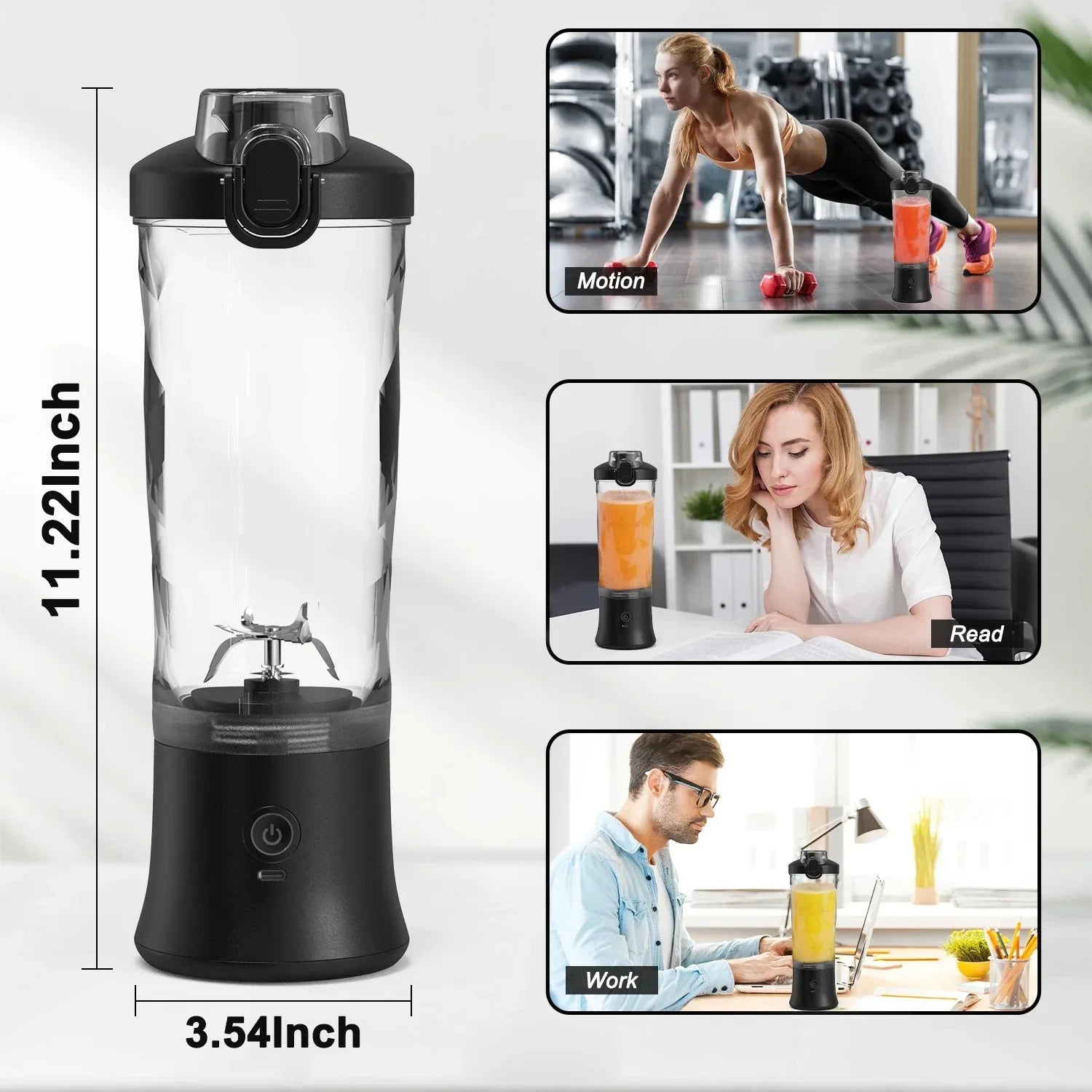 Portable black personal blender for smoothies, featuring a clear faceted cup and 11.22-inch height.