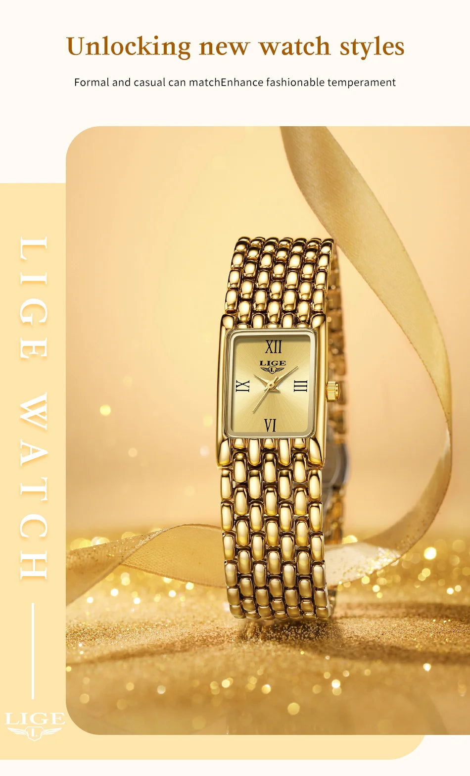 Elegant gold-tone square ladies' watch with a textured link strap and minimalist roman numeral dial.