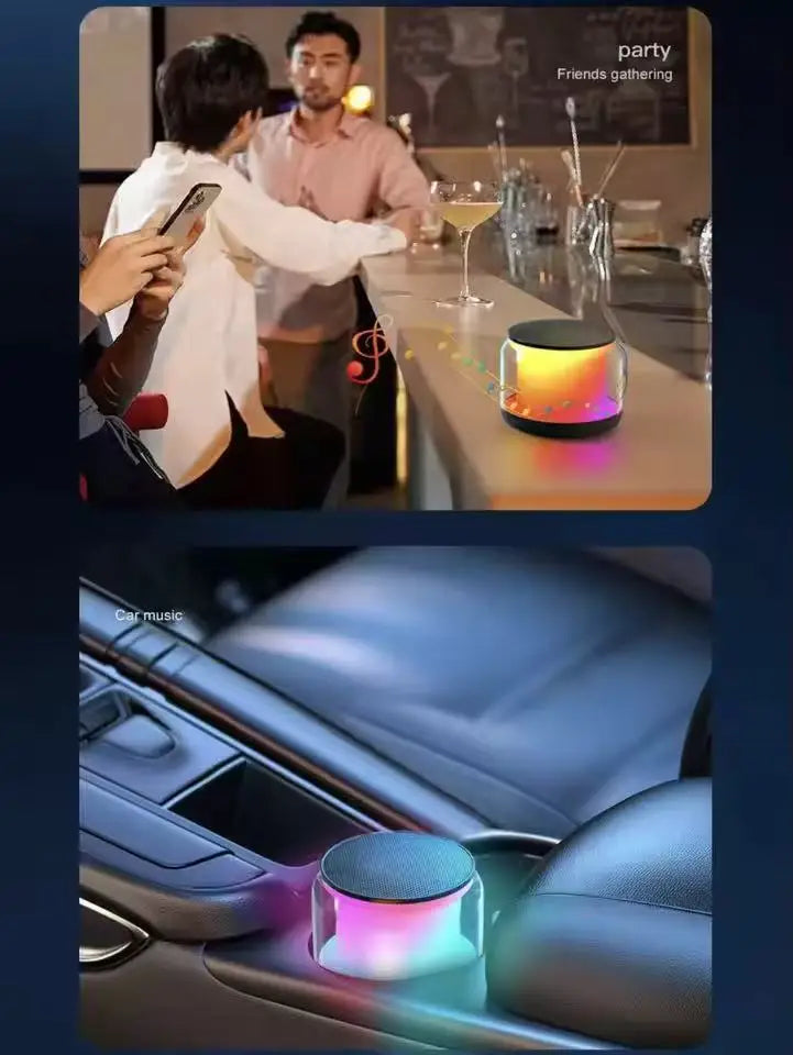Portable black wireless speaker with a glowing, colour-changing LED base, shown in a bar and a car cup holder.