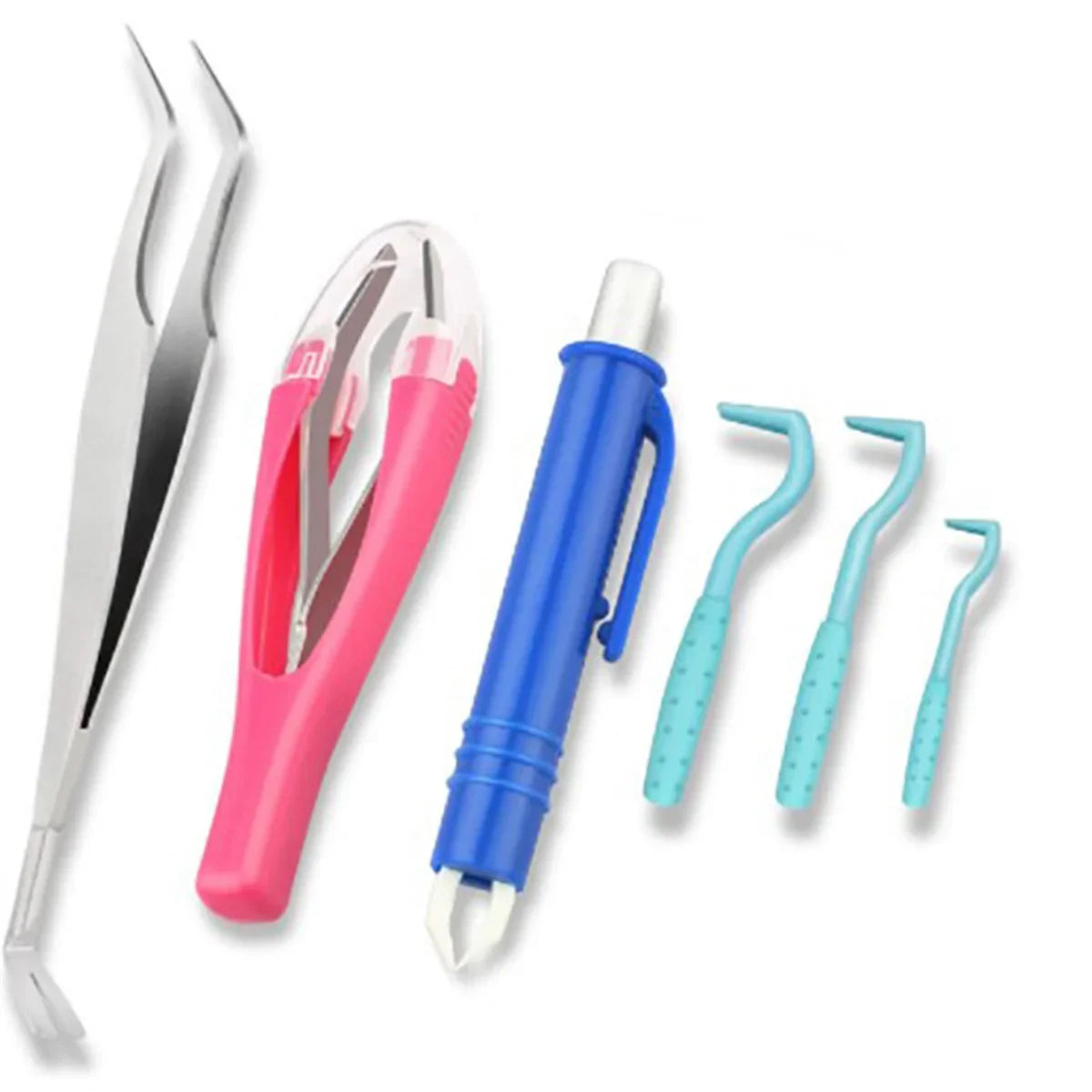 Set of colourful dental and cuticle tools including metal tweezers, a pink tool, a blue pen-style tool, and pickers.