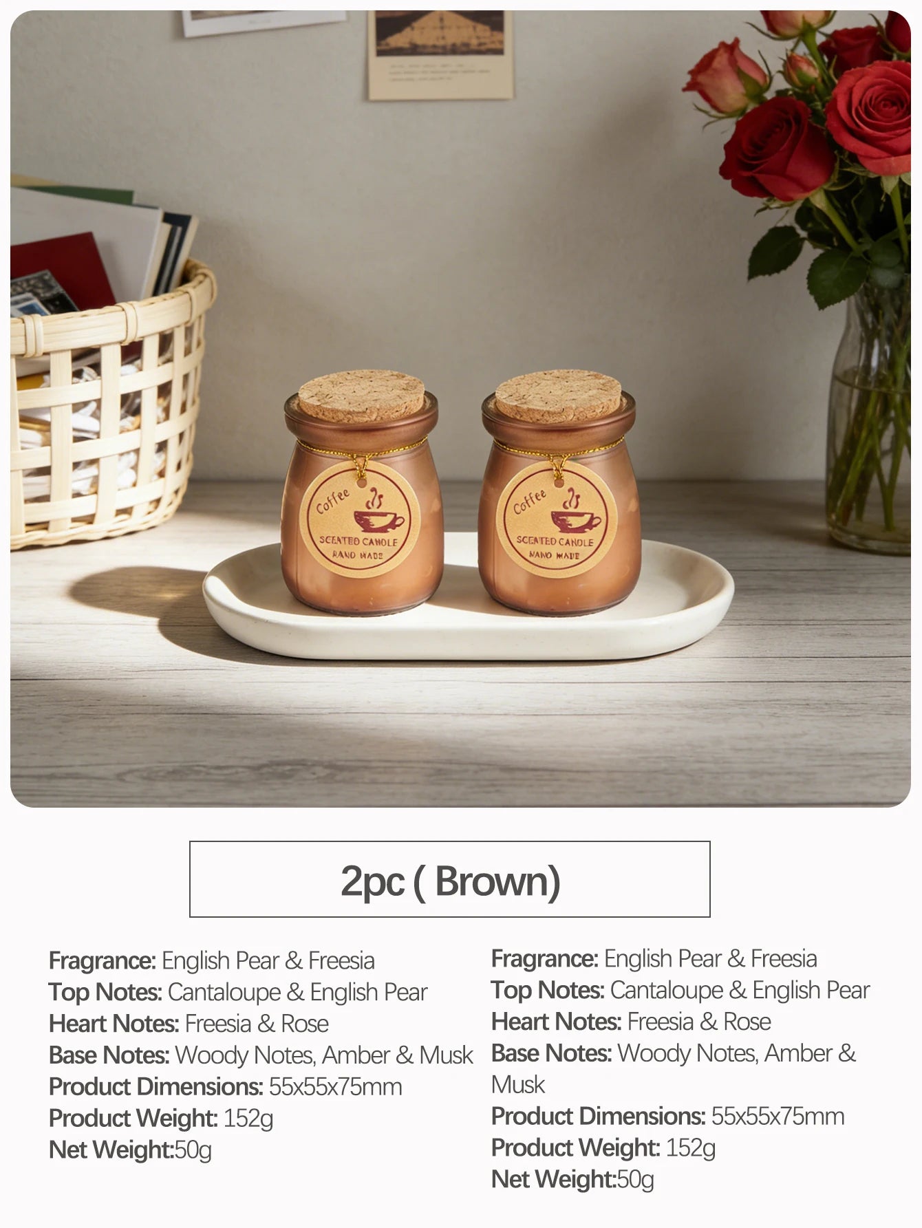 Two brown scented coffee-fragrance candles in glass jars with cork lids, presented on a white oval tray.
