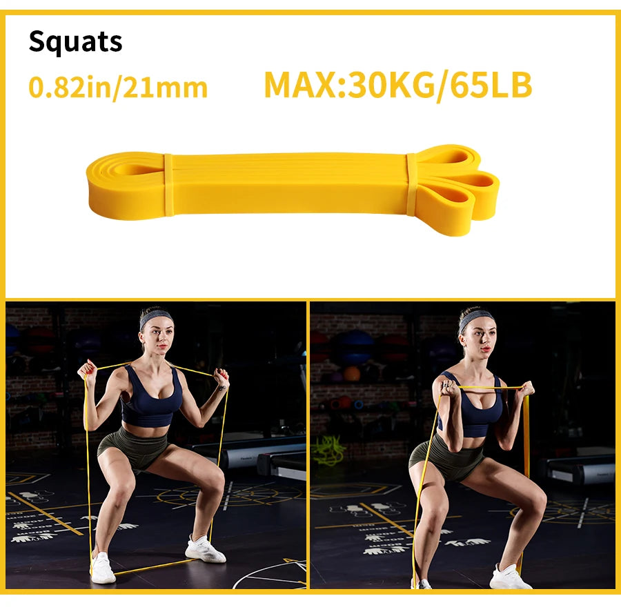 Yellow resistance band for squats, 21mm width, 30kg/65lb capacity, shown in use by an athlete in a gym.