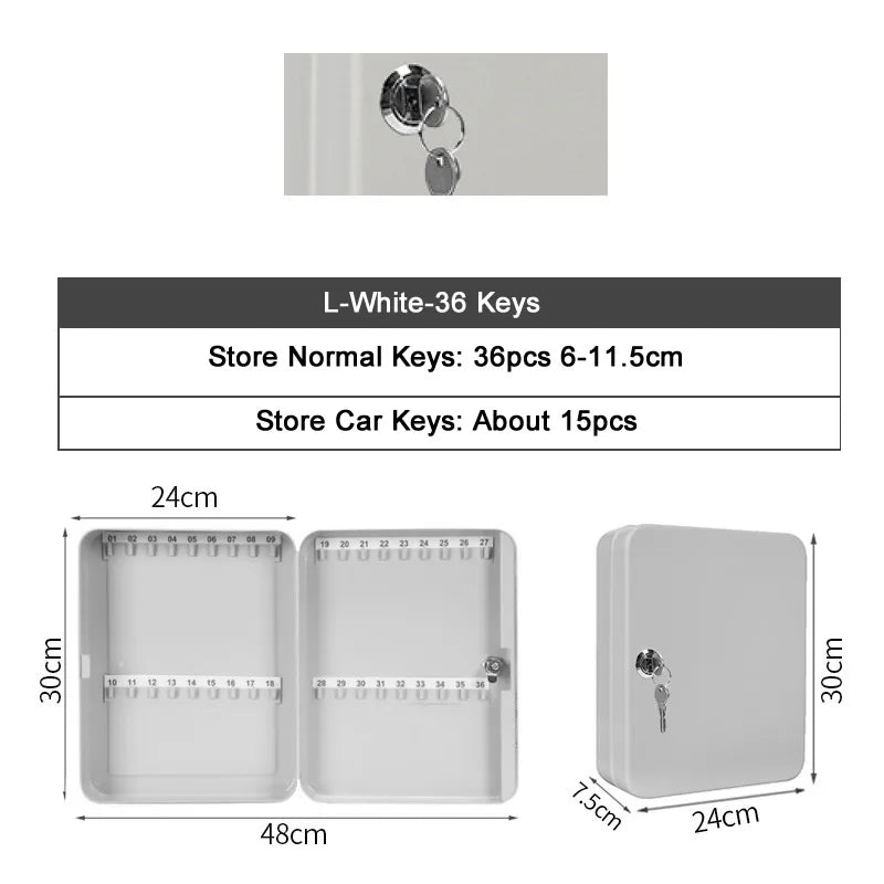 White metal wall-mounted key cabinet with a 36-hook capacity, lockable door, and dimensions of 30x24x7.5cm.