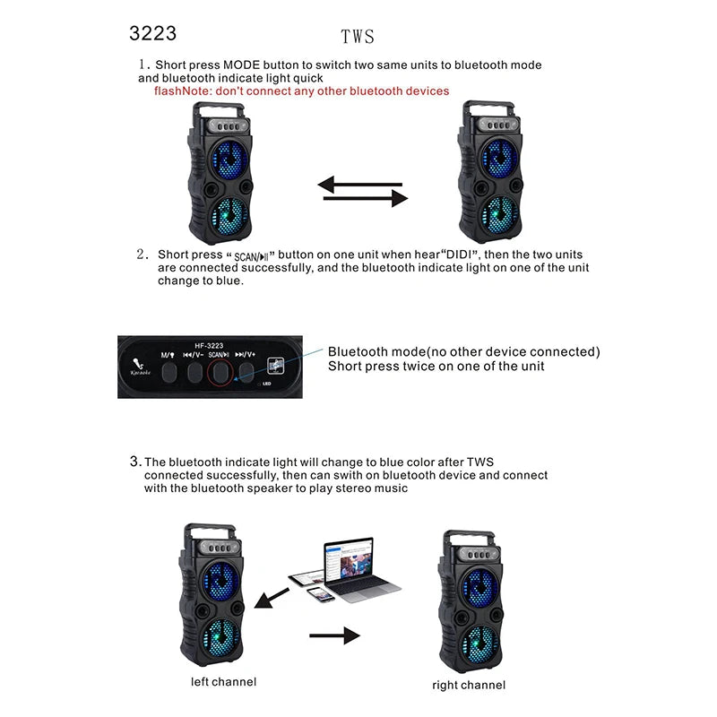 Two portable black wireless speakers with top carry handles and glowing blue circular LED lights on the front.