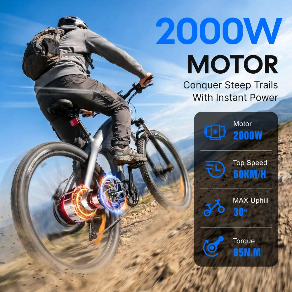 HUANCI Q5 gray electric mountain bike ridden outdoors with glowing motor effect, text overlay, and spec graphics.
