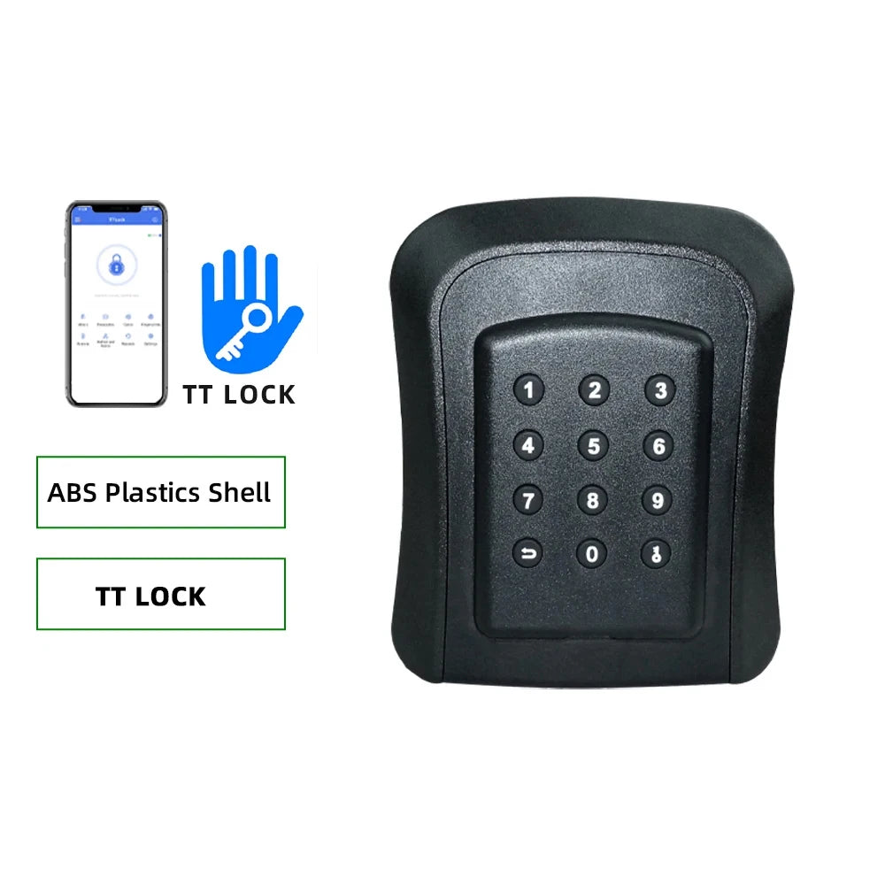 Black ABS plastic keypad lock with numerical buttons, supporting smartphone app control via TT Lock.