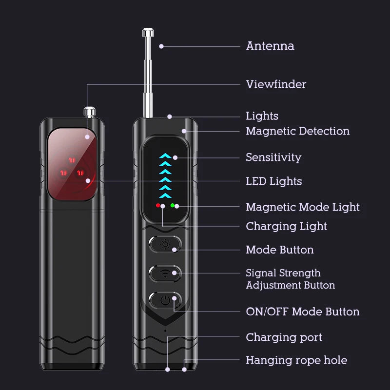 Black, slim portable privacy detector with antenna, control buttons, and LED signal indicators for hidden cameras.