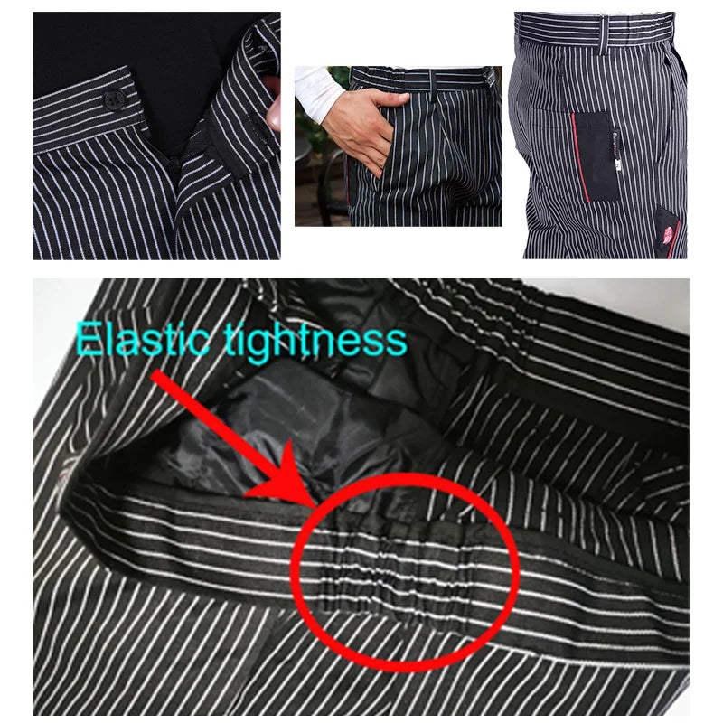 Black and white striped chef cargo trousers with an elasticated waistband, zip fly, and functional side pockets.