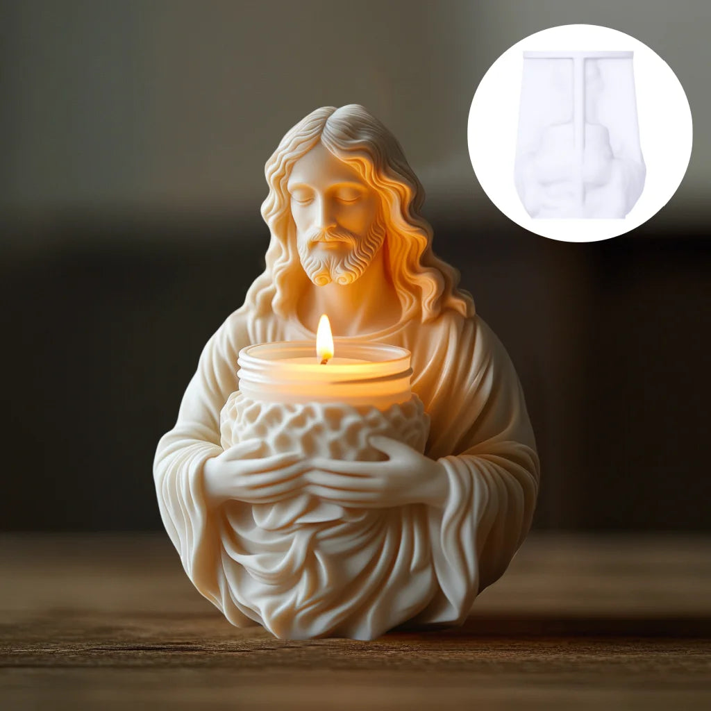 Beige resin candle holder shaped like Jesus holding a jar, with inset of white silicone mold.