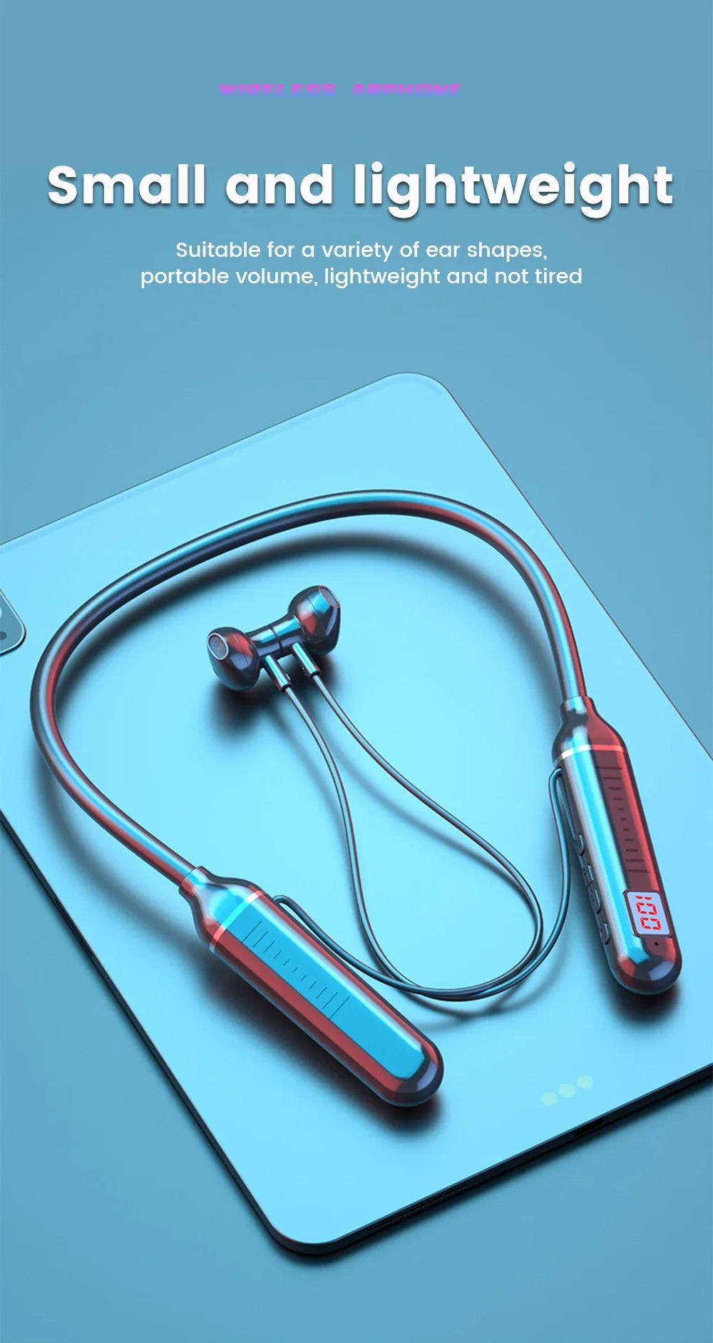 Blue wireless neckband earphones with a built-in LED battery display, resting on a tablet.