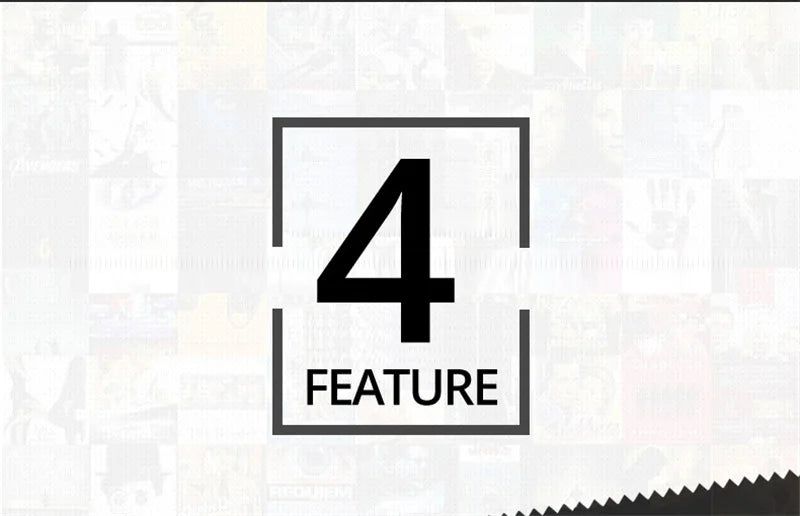 Graphic design featuring a large black number 4 and the word "FEATURE" inside a black box on a faded collage background.