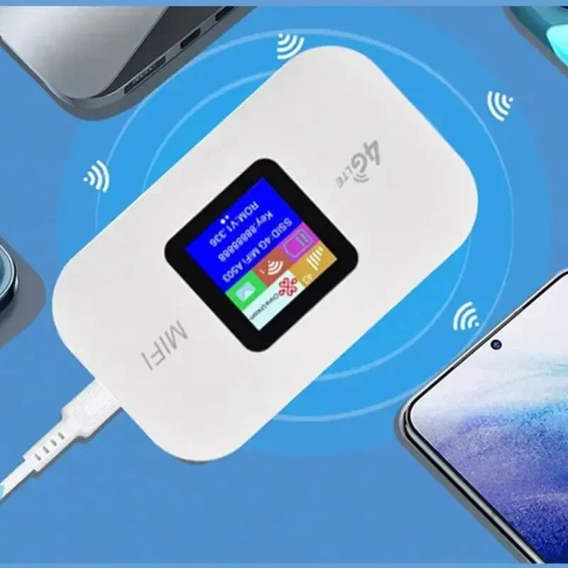 A white, compact 4G LTE portable Wi-Fi hotspot with a digital display screen, shown charging on a blue background.
