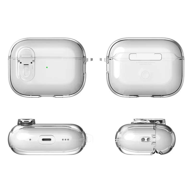 Clear protective case for AirPods Pro, featuring a durable transparent shell and precise cutouts for charging ports.