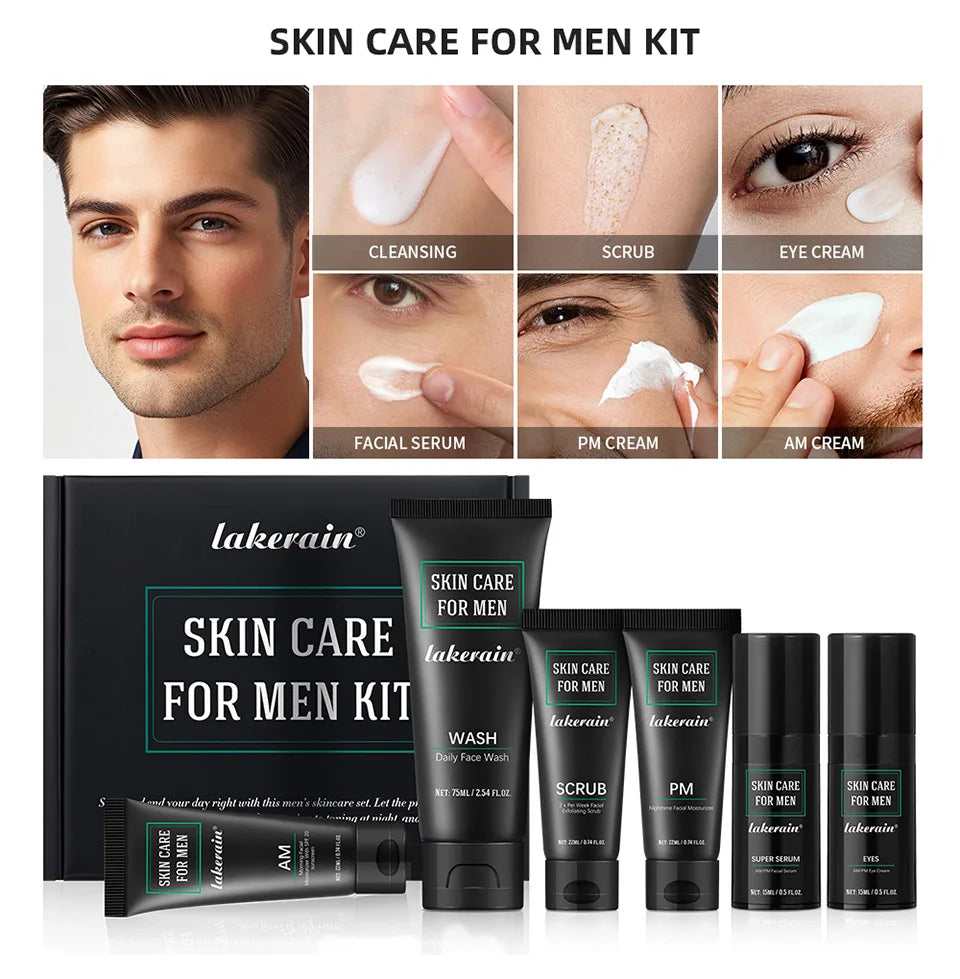 Men's skincare set with black tubes containing face wash, scrub, serum, and creams. Includes a gift box and application.