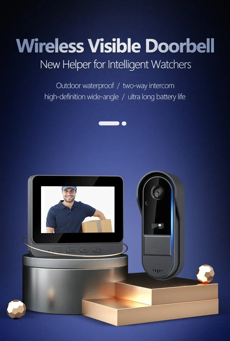 Black wireless video doorbell kit with 4.3-inch screen, night vision camera, and two-way audio.