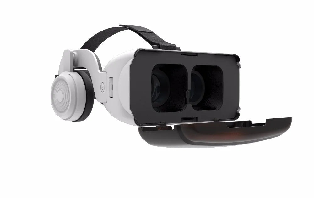 White virtual reality headset for smartphones with an open front compartment and integrated side headphones.