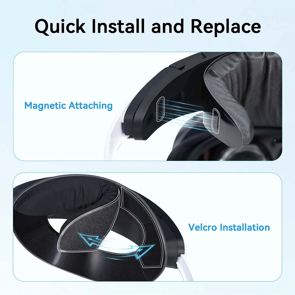 AMVR black VR comfort kit showing magnetic and Velcro installation for PS VR2 padding replacement.