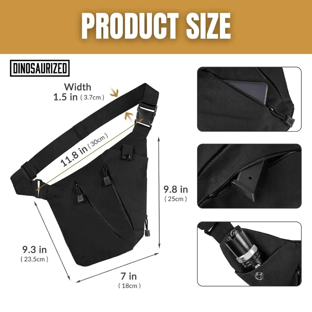 Black lightweight crossbody travel sling bag with multiple zipped pockets, adjustable strap, and clear size dimensions.
