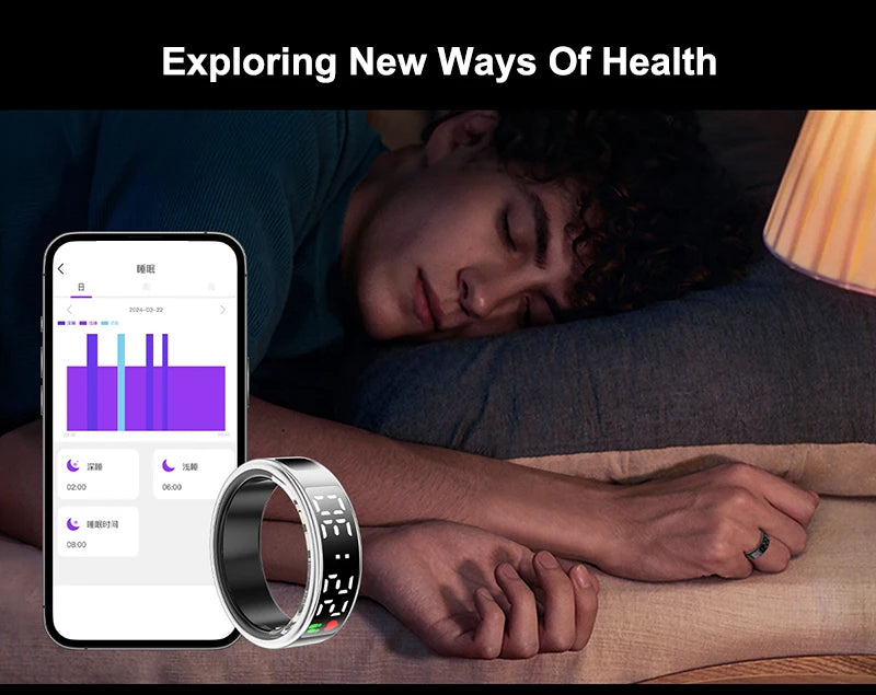Sleek silver smart health tracking ring displayed alongside a smartphone app showing sleep data and metrics.