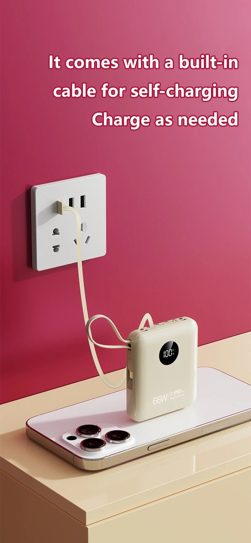Cream-coloured portable power bank with digital display, charging via a built-in cable plugged into a wall socket.