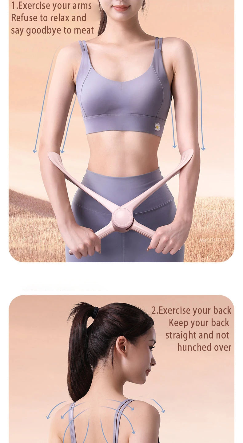 A person uses a pale pink, X-shaped arm and back exercise trainer in a minimalist, ergonomic fitness design.