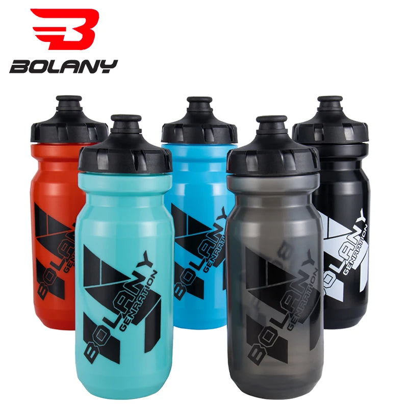 Five Bolany cycling water bottles in red, light blue, blue, grey, and black, all with black sports caps and branding.