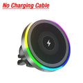 Round magnetic wireless charger with a black surface, lightning icon, and a glowing multi-colored LED ring border.