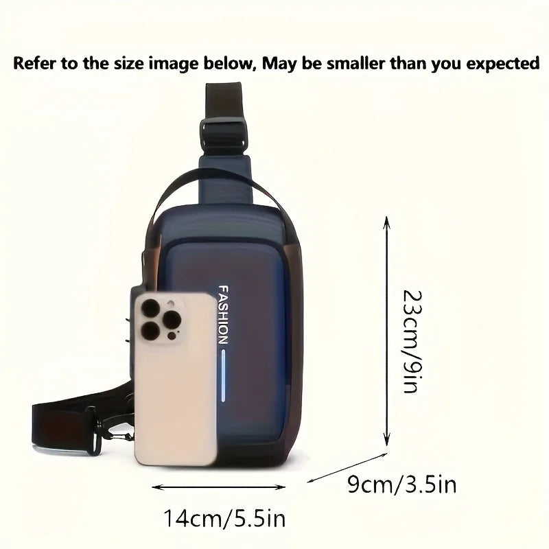 Compact navy blue anti-theft sling bag with adjustable strap, shown with a smartphone for scale.