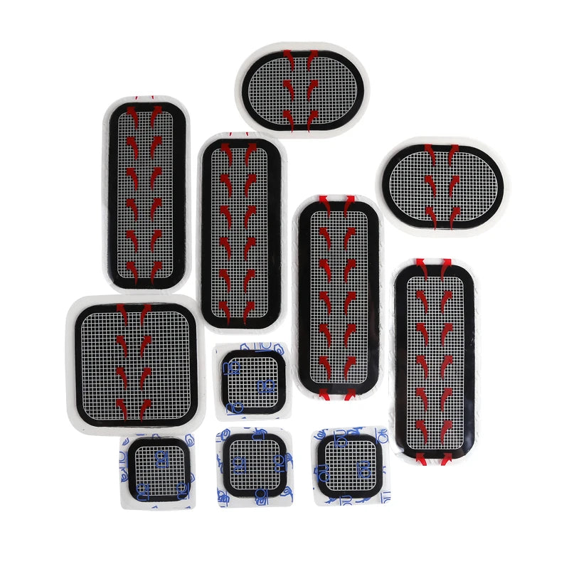 Set of ten replacement gel pads for fitness belts in various rectangular and oval sizes with black grid patterns.