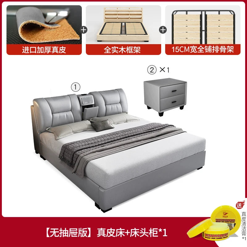 Grey upholstered king-size bed frame with built-in headboard storage, solid wood base, and matching bedside cabinet.