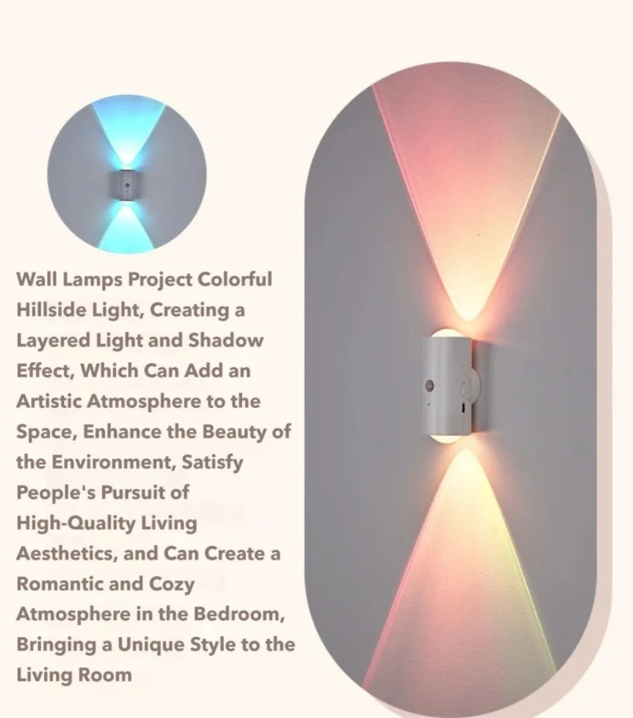 A modern, cylindrical white wall light projecting dual beams of colourful, atmospheric RGB light.