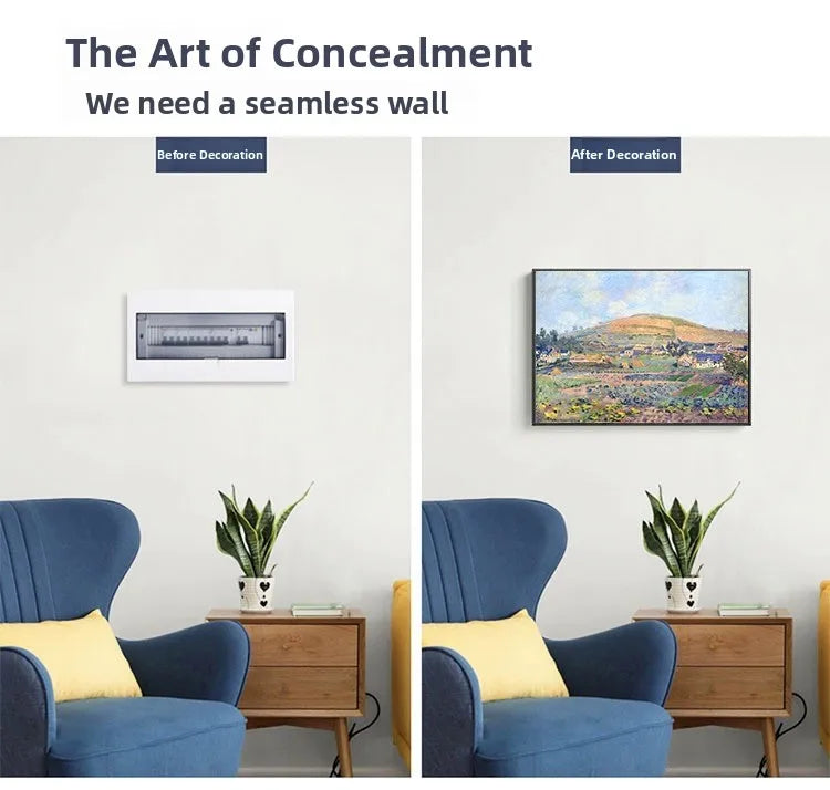 Before and after comparison of a modern meter box cover featuring colourful Impressionist-style landscape wall art.