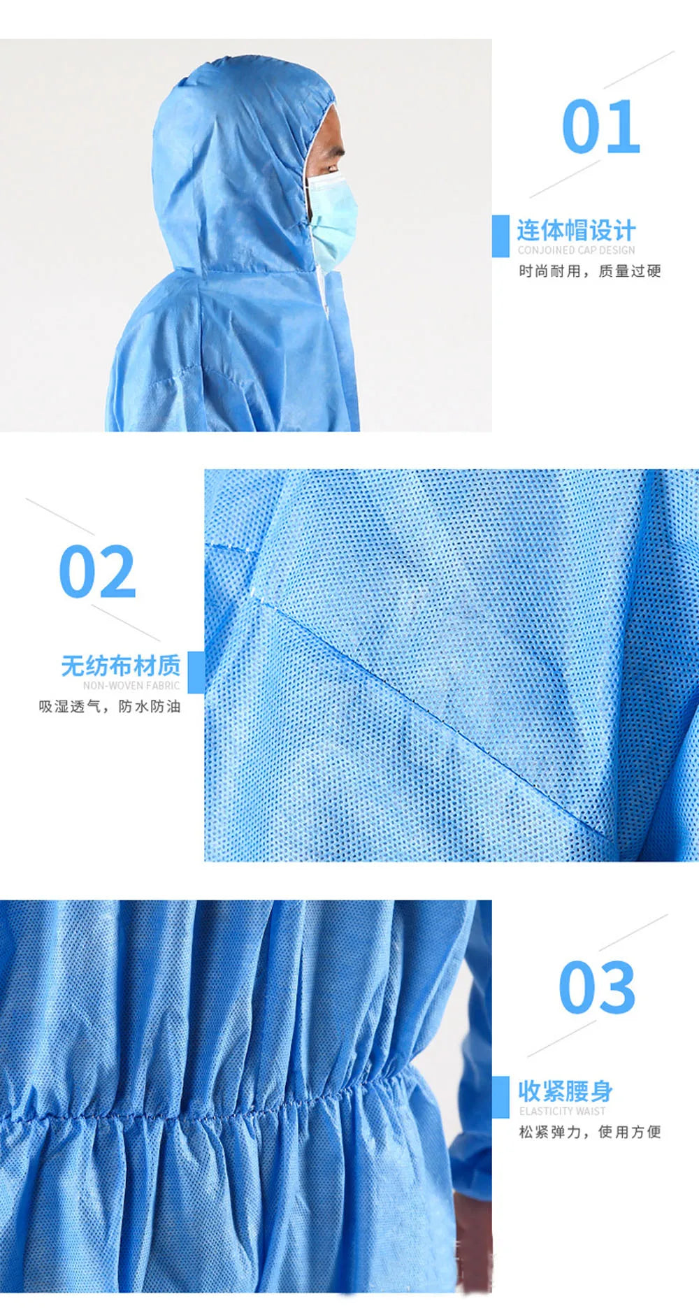 Blue non-woven protective coverall featuring a hooded design, textured fabric, and an elasticated waist.