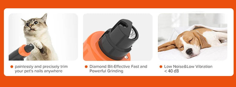 Black and orange electric pet nail grinder featuring a diamond bit for quiet, low-vibration, painless trimming.