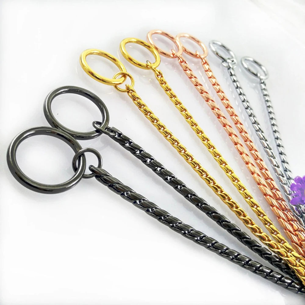 Stainless steel integrated dog leashes with round handles in black, gold, rose gold, and silver.