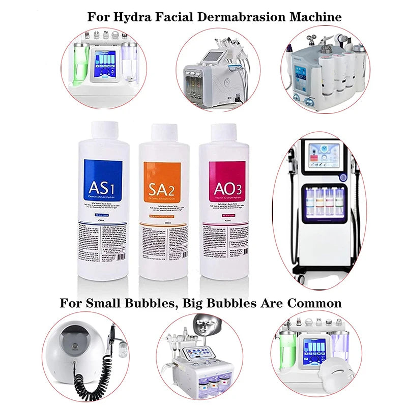 Hydra facial dermabrasion machines with various applicator heads and three 400ml treatment solution bottles.