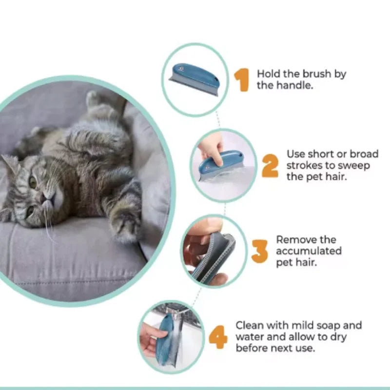 A blue silicone pet hair remover brush shown in a 4-step instructional guide with a tabby cat on a sofa.
