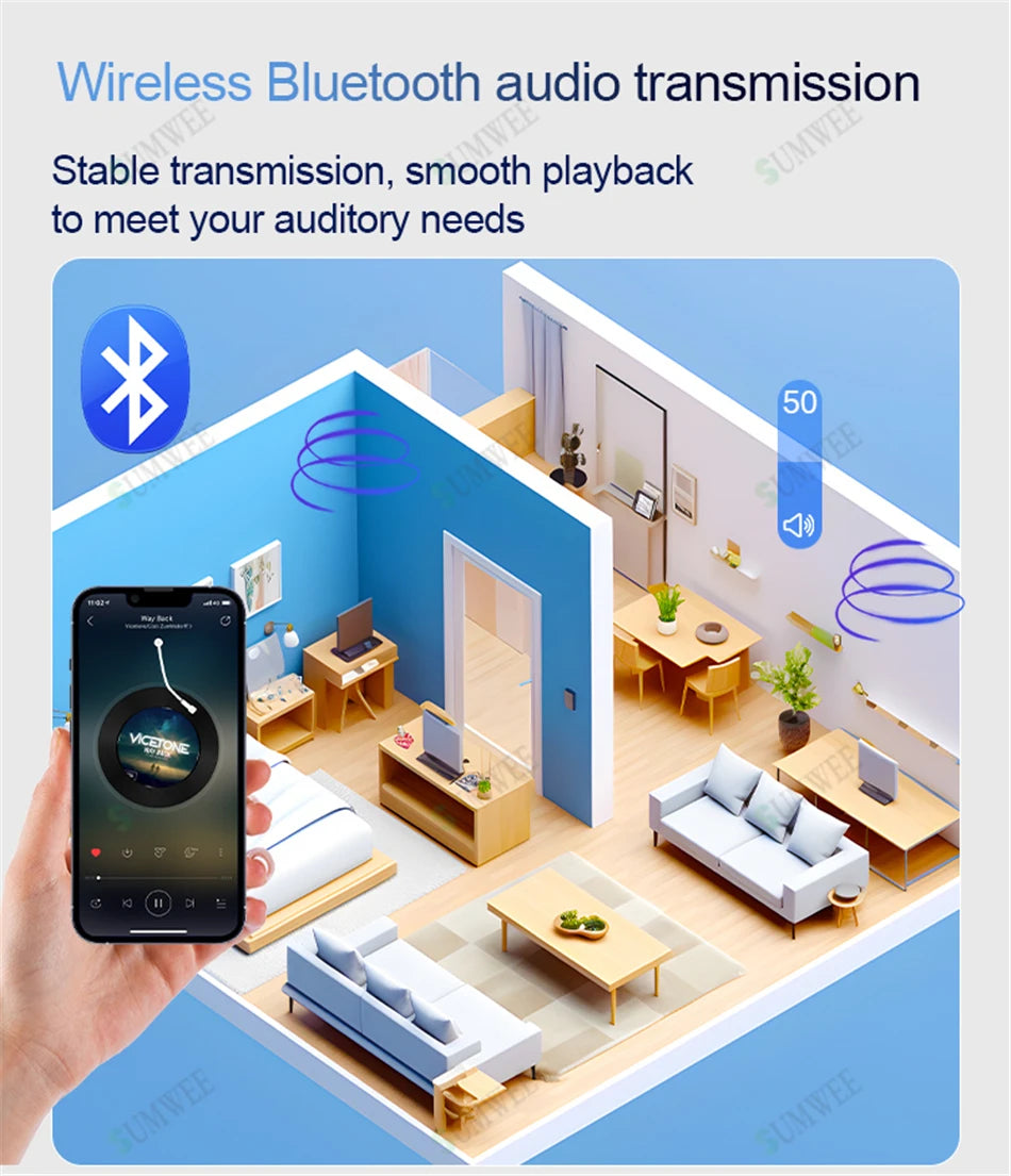 A hand holds a smartphone displaying a music app, illustrating wireless Bluetooth audio control for a smart home system.