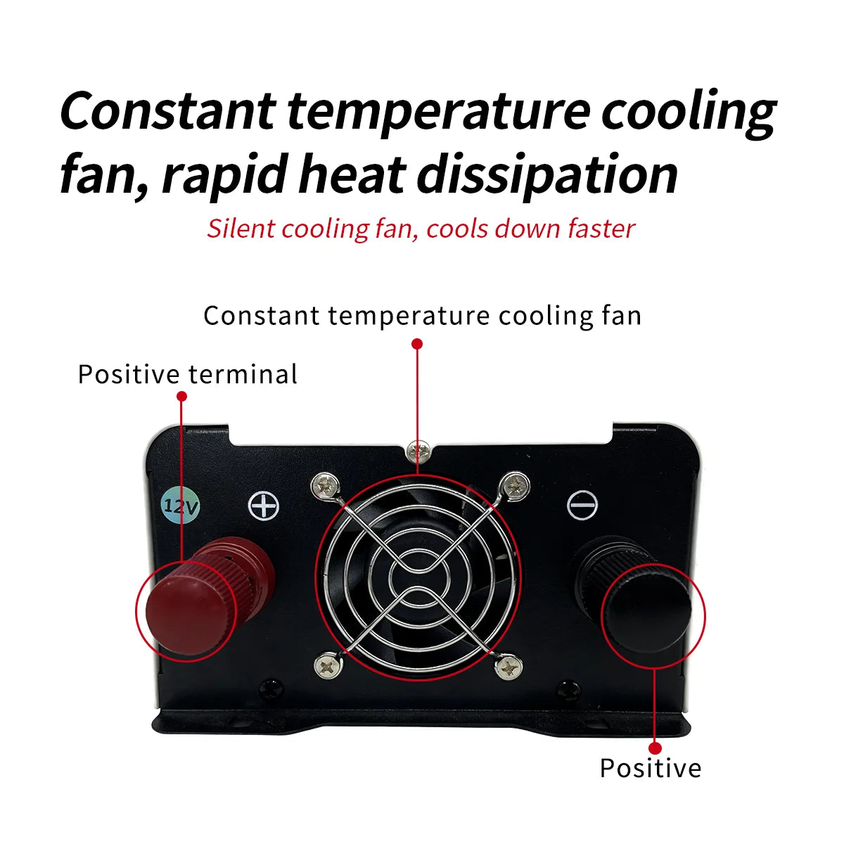 Black power inverter rear panel with a central cooling fan and red/black DC terminals.