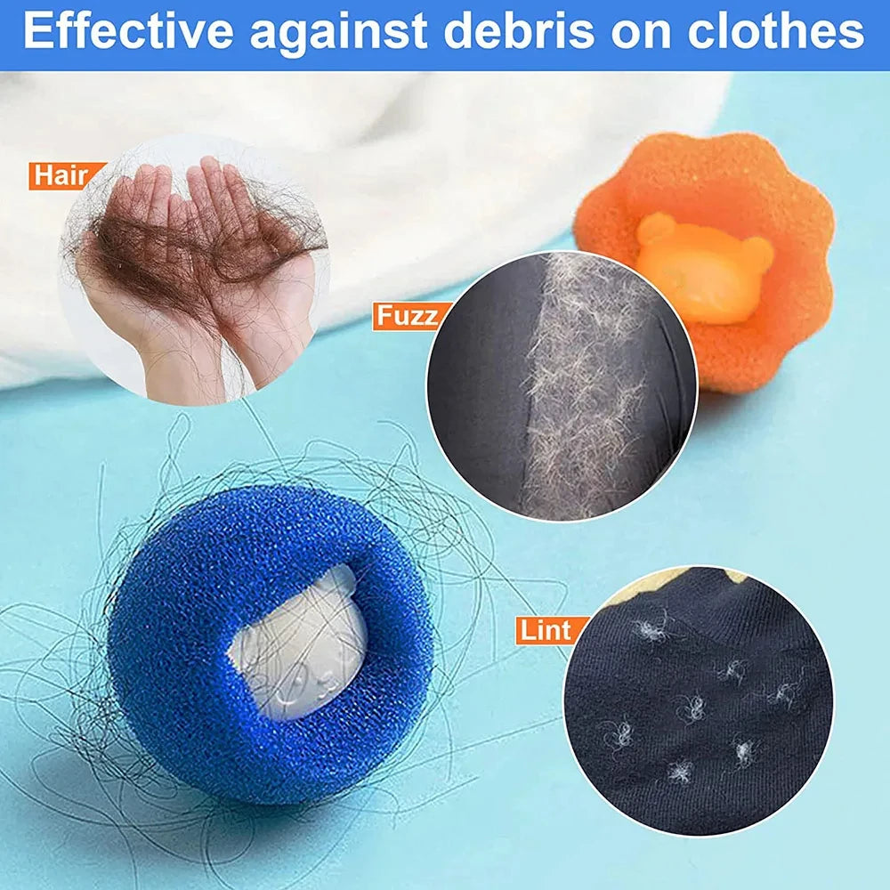 Blue and orange foam laundry balls removing hair, fuzz, and lint from clothing.