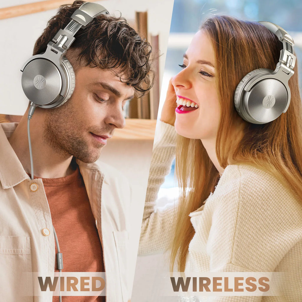 A man and woman wearing silver over-ear headphones, showing both wired and wireless connection options.
