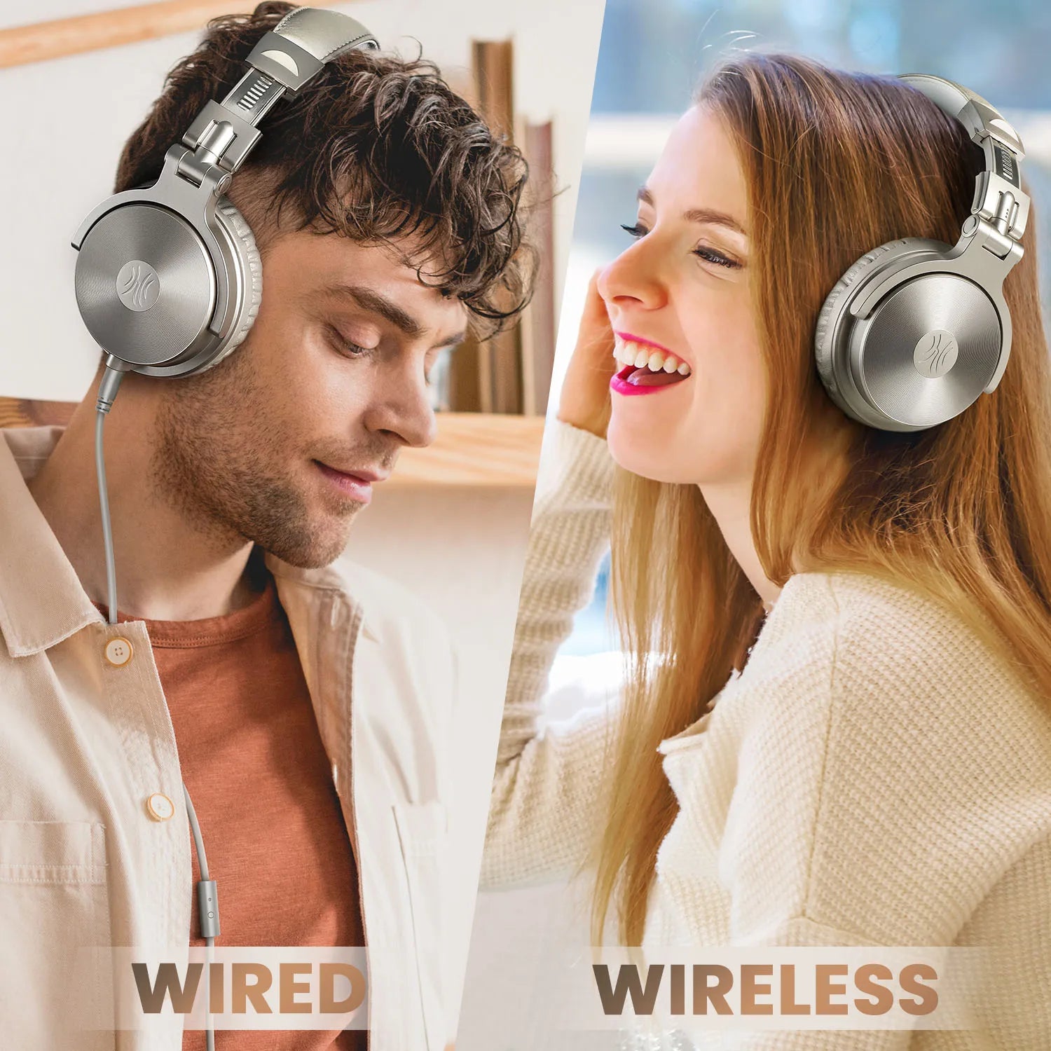 A man and woman wearing silver over-ear headphones, showing both wired and wireless connection options.