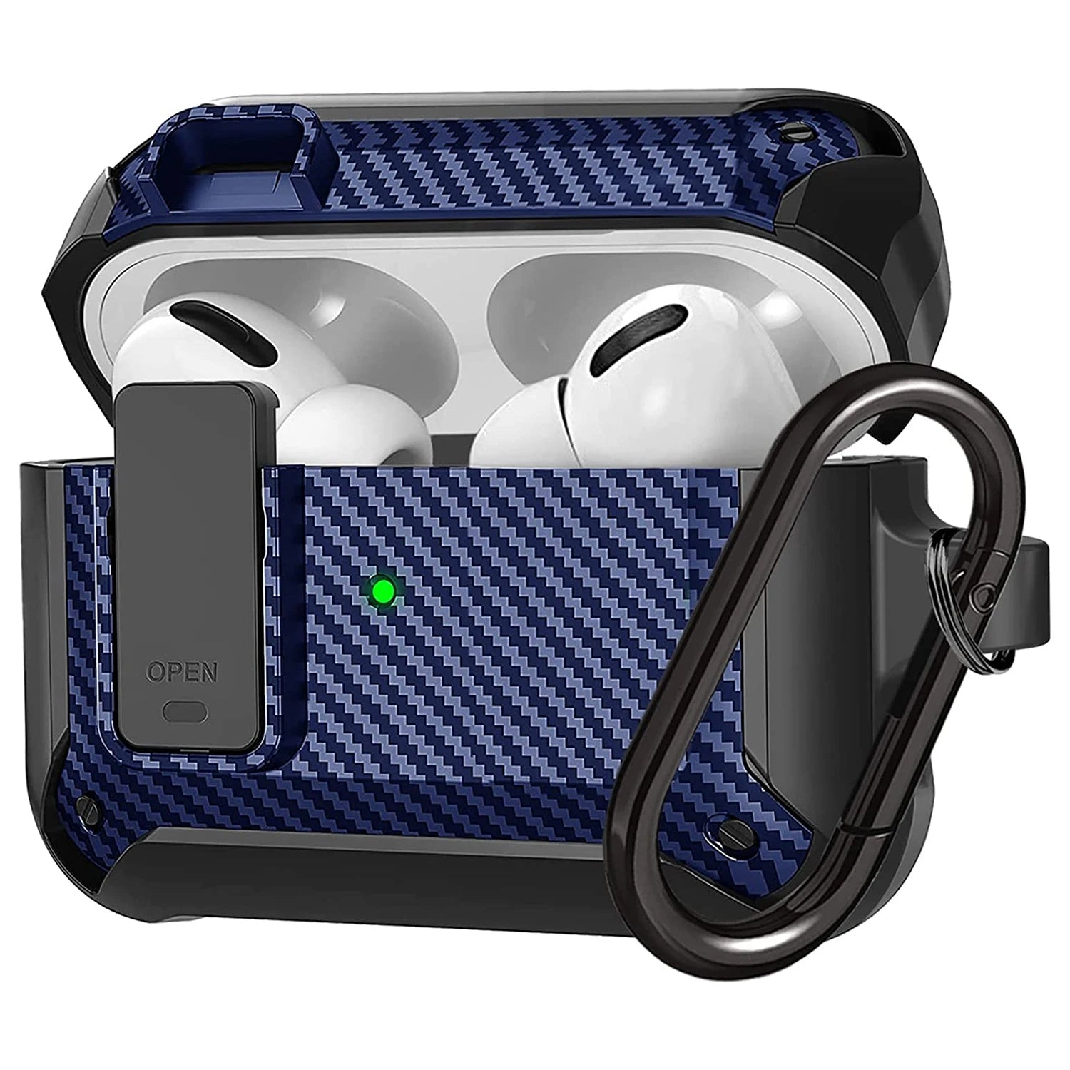 Blue carbon fibre-style protective case for AirPods Pro with locking mechanism and carabiner.