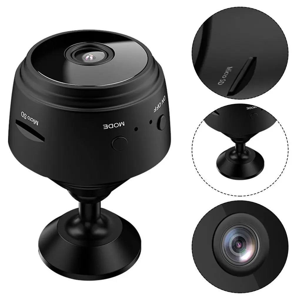 Small black plastic wireless security camera on a stand with a micro SD card slot, mode button, and power switch.