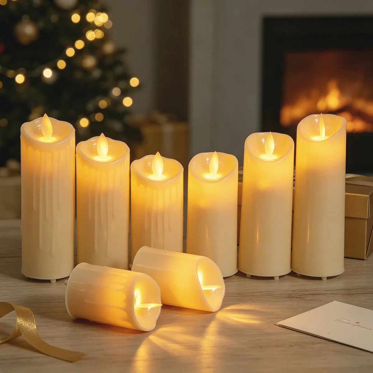 Beige LED pillar candles with flickering yellow flames, including dripping wax and smooth designs.