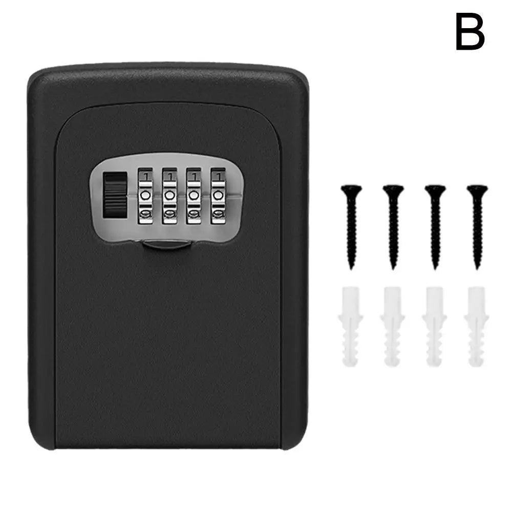 Black plastic wall-mounted key lock box with a four-digit combination dial, including four screws and plastic anchors.