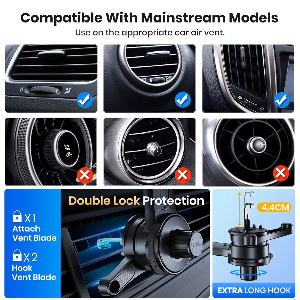 Black car air vent phone mount with double lock, long hook, and compatibility guide for various car vent styles.