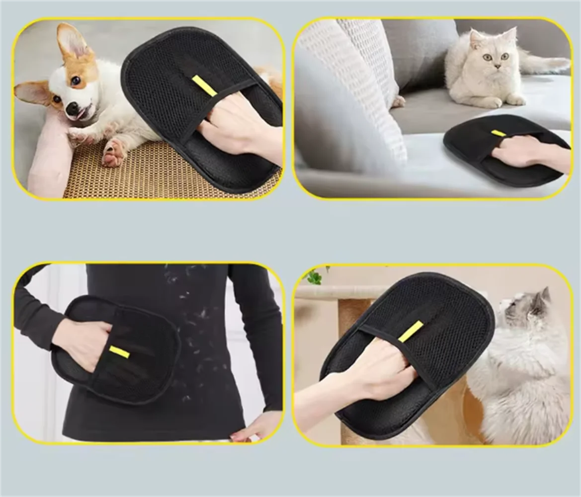 Black mesh pet hair removal mitt with a yellow strap, shown cleaning hair from pets, furniture, and clothing.