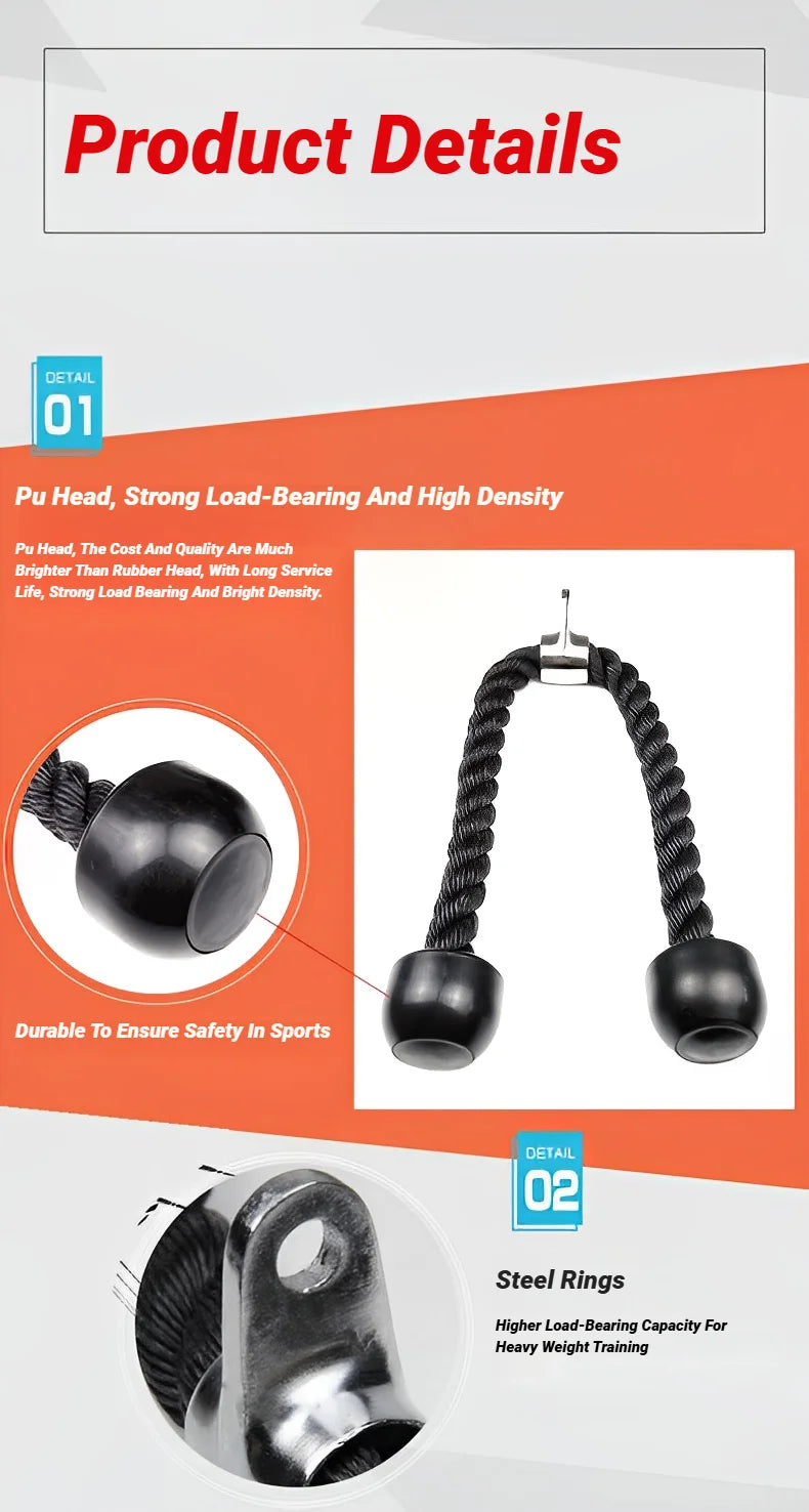 Black double-head tricep pull rope attachment with durable PU ends and a heavy-duty steel ring for cable machines.