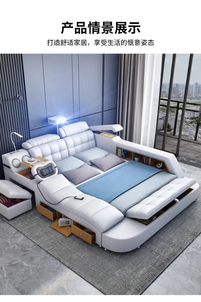 White genuine leather bed frame with tufted headboard, integrated storage, side shelving, and built-in lighting.